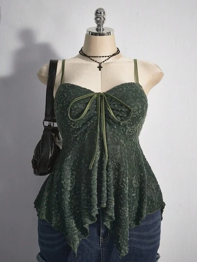 SHEIN ICON 加大码胸前抽绳蝴蝶结吊带背心，不对称下摆，Y2K风格，适合夏季、暑假、毕业季、返校季穿着