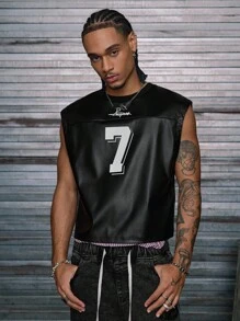 AXEPEAK 男士针织休闲宽松无袖印花数字图案背心，时尚日常穿着 - 黑色 - 查看 3