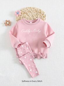 Cozy Pixies 2件套女婴心形图案针织柔软圆领长袖运动衫和裤子套装 - 粉色 - 查看 3
