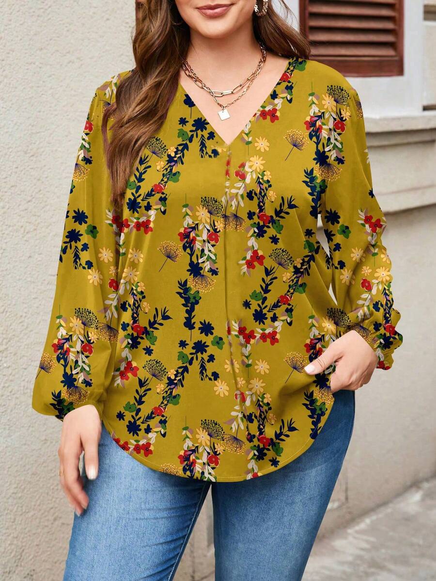 EMERY ROSE Blouse ample à manches longues, col V, imprimé floral, grande taille, style élégant et décontracté, convient pour l'automne et l'hiver - Jaune moutarde - Voir 1