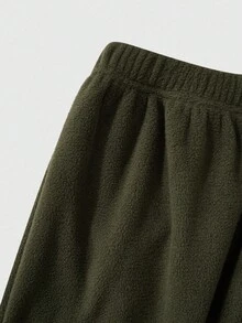 SHEIN Explorewe 2件套男童秋冬羊毛运动服，军绿色调，酷炫气质。上衣采用半拉链立领设计，裤子采用宽松卷边设计，中大童长袖长裤，毛绒刺绣套装，适合休闲装、运动装和户外穿着 - 橄欖綠 - 查看 7