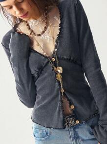 Bohemela 大码女式休闲水洗蕾丝边纽扣前襟衬衫 - 黑色 - 查看 5