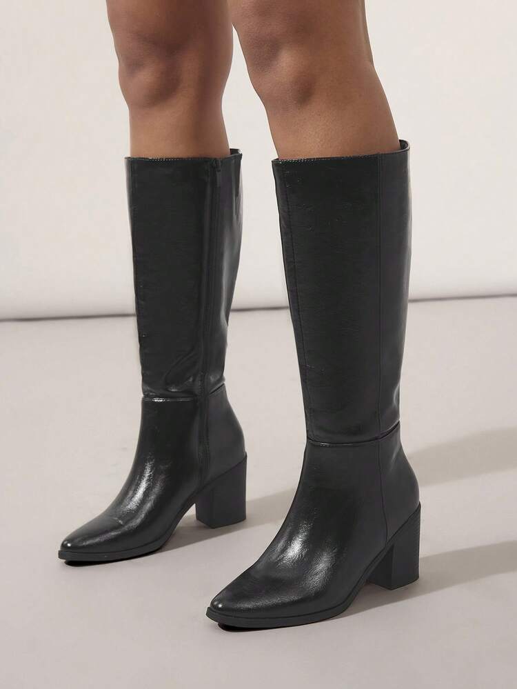 SHUZIA Solid Color High Heel Pointed Toe Knee-High Boots For Women