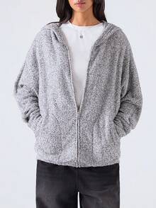 LYSMO 2025 Women Grey Autumn Casual Occasion Zip Up Hoodie,Minimalism Batwing Sleeve Hooded Regular Coat, Back To School Streetwear Graduation - Black - View 1