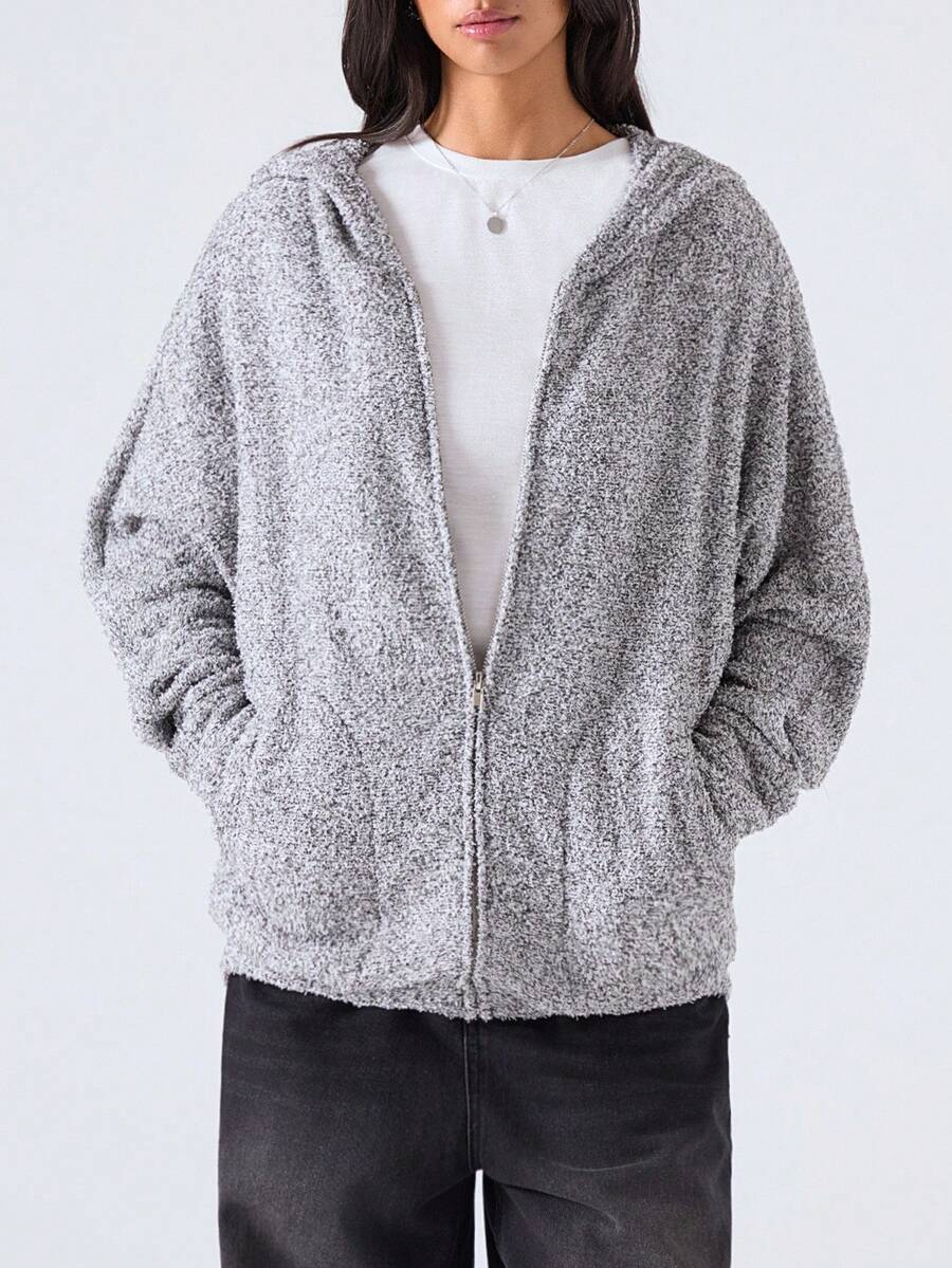 LYSMO 2025 Women Grey Autumn Casual Occasion Zip Up Hoodie,Minimalism Batwing Sleeve Hooded Regular Coat, Back To School Streetwear Graduation - Black - View 1