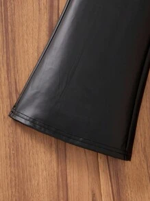 SHEIN Leap Crew Tween 女孩时尚针织心形贴片领运动衫和 PU 皮革喇叭裤套装 - 紫色 - 查看 5