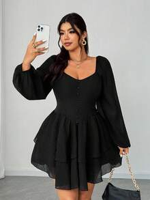 Elenzga 秋季大码女式复古迷你纹理透视后腰束腰连衣裙 - 黑色 - 查看 8