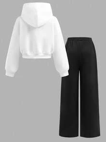 SHEIN Tween Girls Casual Fashion Versatile Letter Print Cropped Hem Fleece Hoodie And Relaxed Straight Leg Knit Pants Set, Suitable For Weekend, Casual Outing, Back To School, Outfit Girl, Fall Winter - Black and White - View 2
