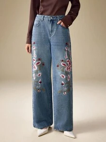 Selenza Jeans anchos casuales y holgados con bordado floral para mujer - Azul - Ver 3