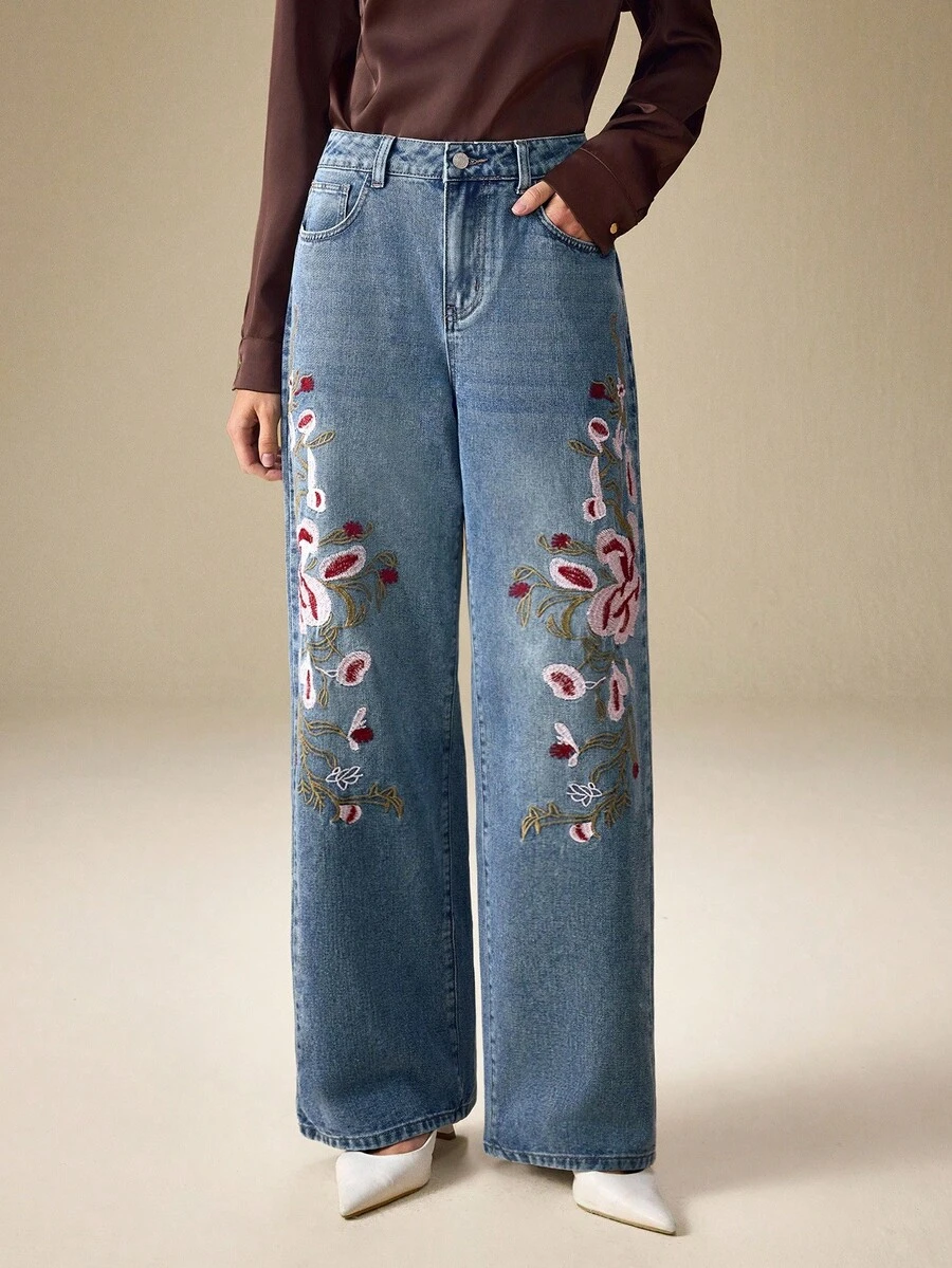 Selenza Women's Casual Commuter Floral Embroidered Loose Wide-Leg Jeans - Blue - View 1