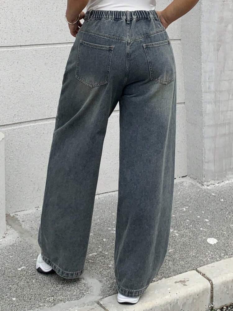 Dazy Plus Washed Faded Ombre Loose Straight Leg Jeans, Versatile For All Seasons