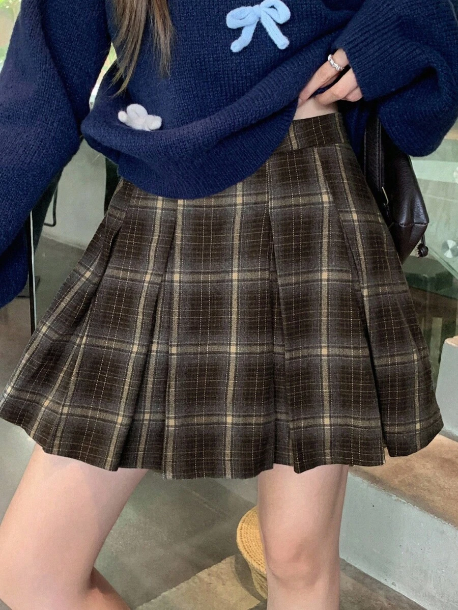 DAZY Women's Pleated Plaid A-Line Skirt, Academic Style Fall - Khaki - View 1