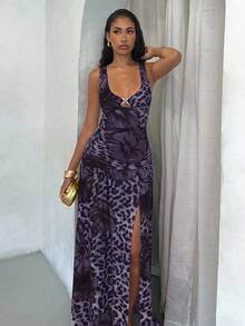 Glamine Leopard Floral Pattern Women Long Dress, Stretchy Jersey Fabric, Sexy Elegant Beach Sundress For Summer Holiday--Floral Pattern Random Fall Women Clothes Back To School Animal Print Dress Purple Dress Deep V Dress Snake Print Dress