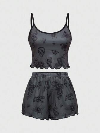 Goth Conjunto de pijama de camiseta y pantalones cortos con estampado de polilla gótico oscuro, ropa de dormir informal