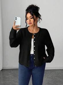 Elenzga Plus Size Casual Solid Color Gold Button Long Sleeve Cardigan Fall Winter Cloth For Women Autumn - Black - View 4