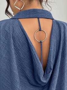 Elenzga 大码女式纯色露背圆环连接短袖宽松休闲衬衫 - 藍色 - 查看 4