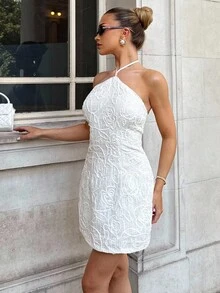Glamine Charm Colorful V-Neck Sequin Mini Dress, Tie-Up Spaghetti Strap Patchwork Beaded Backless Camisole Sexy Party Dress For Summer Beach Vacation - White - View 4