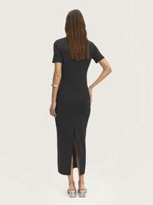 SHEIN Unity Midi Dress V Neck Body With Pearls Detail Sides. Spring Summer - Black - View 2