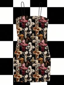 BiGraphic Patchwork Cross, Faux Leather Animal Print Leopard Tiger Faux Fur Halloween Street Goth Y2K Sexy Bodycon Mini Dress, Suitable For Autumn/Winter Parties, Gatherings And Daily Wear Pattern Dress Graphic Dress Cross Print Dress Animal Print Dress Multicolor Dress - Multicolor - View 1