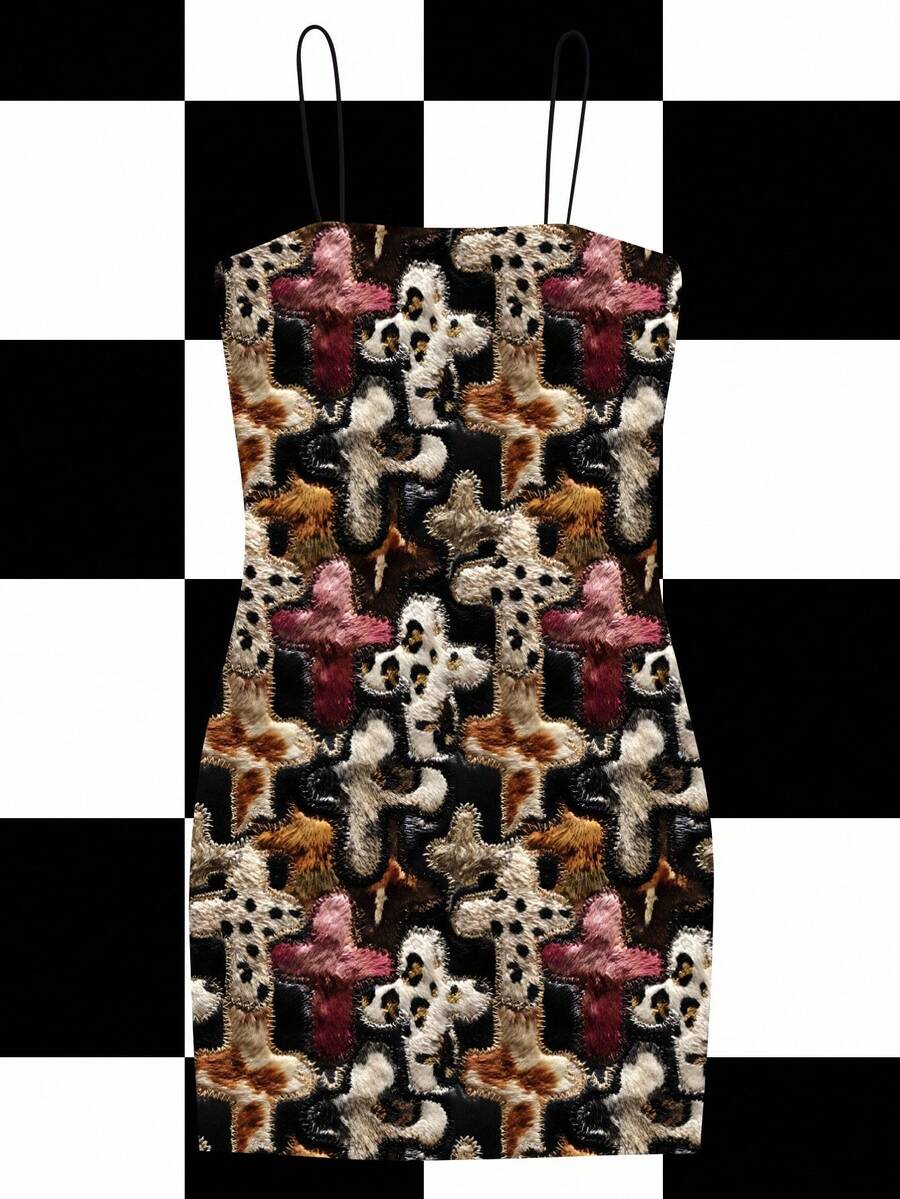 BiGraphic Patchwork Cross, Faux Leather Animal Print Leopard Tiger Faux Fur Halloween Street Goth Y2K Sexy Bodycon Mini Dress, Suitable For Autumn/Winter Parties, Gatherings And Daily Wear Pattern Dress Graphic Dress Cross Print Dress Animal Print Dress Multicolor Dress - Multicolor - View 1