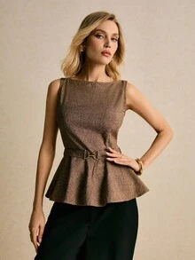 Poéselle Women's Fashionable Brown Boat Neck Belted Sleeveless Top,Brown Top ,Chic Blouses For Women ,Going Out Tops ,Christmas For Women ,New Year Women's,Old Money,Elegant Women,Classy For Women,Fall/Winter - Brown - View 3