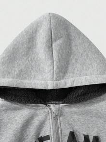 SHEIN Explorewe 1 pieza Sudadera con capucha casual gris con forro térmico para niños preadolescentes, diseño retro de ajuste holgado, estampado de letras multicolor, cierre con cremallera frontal, adecuado para salidas, regreso a la escuela, otoño/invierno/primavera - Gris - Ver 7