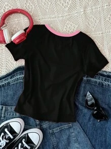 SHEIN 3 件套青少年女孩休闲修身舒适圆领长袖 T 恤套装，采用街头风格大学条纹、城市字母图案、复古蝴蝶结豹纹、粉色条纹、复古粉色和黑色，适合夏季 - 彩色 - 查看 3