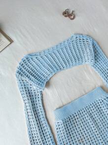 Elamini Women's Vacation Long Sleeve Top And Fringed Hem Knit Skirt 2 Pieces Set - Baby Blue - View 4