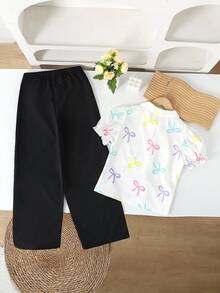 SHEIN 2 件套青少年女孩彩色蝴蝶结荷叶边短袖白衬衫 + 紫色宽松阔腿裤，休闲日常和节日装，夏季 - 彩色 - 查看 2