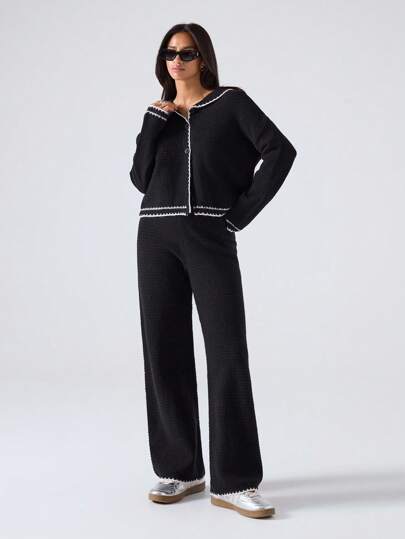 LYSMO 2 件套女士撞色饰边纽扣前长袖上衣和裤子休闲针织毛衣套装