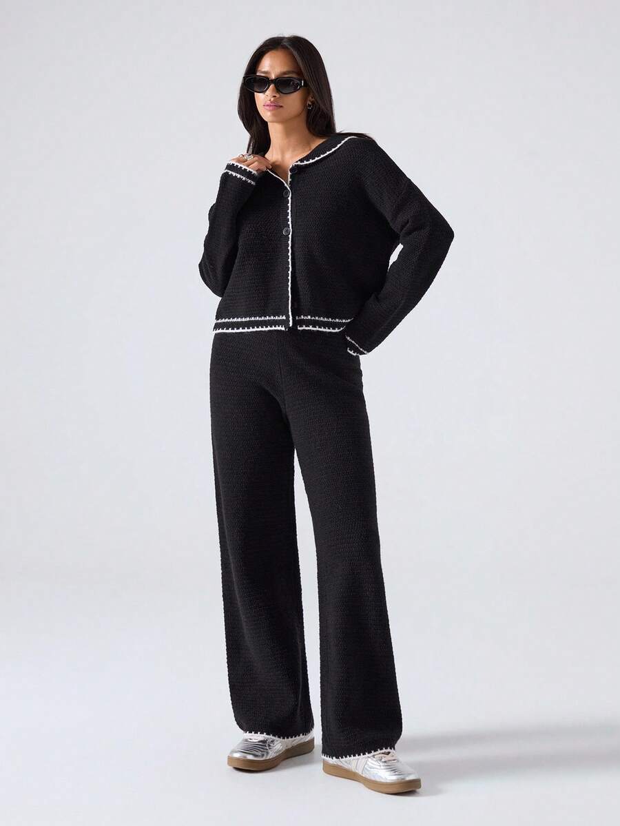 LYSMO 2 件套女士撞色饰边纽扣前长袖上衣和裤子休闲针织毛衣套装 - 黑色 - 查看 1