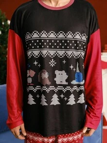 ELF X SHEIN Men's Christmas Themed Colorblock Long Sleeve Top And Pants Loungewear Set