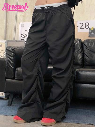 SHEIN Explorewe 1 件青少年女孩街头风格高腰抽绳宽松阔腿常规厚度休闲裤，适合夏季日常穿着