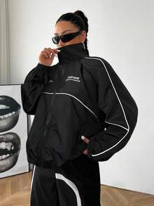 SHEIN EZwear Plus Size Casual Contrast Trim Letter Print Jacket Y2k Clothes Y2k Jacket Track Suits For Women 90s Clothes,Fall Clothes For Women Winter Autumn