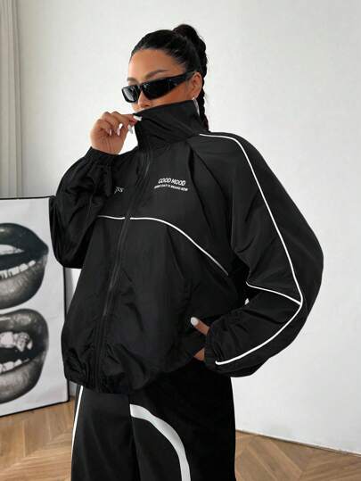 SHEIN EZwear 大码休闲撞色字母印花夹克