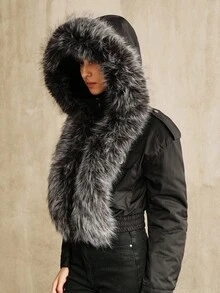 Anewsta Women's Casual Fashion Street Patchwork Faux Fur Hooded Cropped Jacket, Autumn/Winter - Black - View 1
