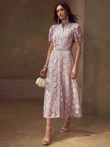 MOTF PREMIUM GOLD THREAD FLORAL EMBROIDERED STAND COLLAR PUFF SLEEVE FITTED PEARL BELT MID-LENGTH DRESS - Mauve Purple - View 2