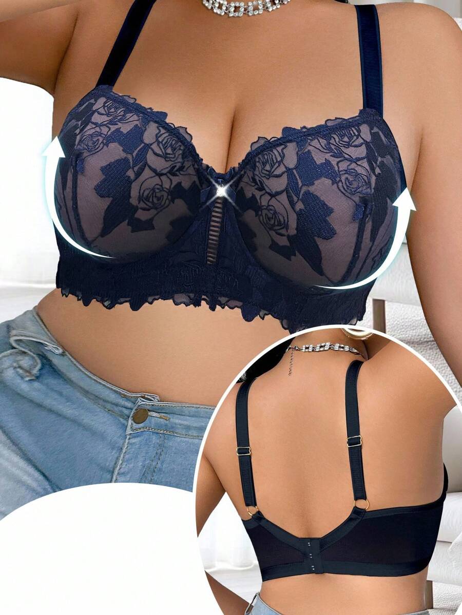 SHEIN Sutien cu sârmă brodată pentru mărimi mari - Albastru - Vizualizare 1