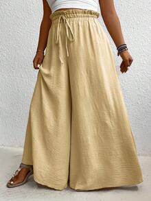 SHEIN LUNE 大码纸袋腰系带纯色休闲阔腿裤 - 黃色 - 查看 3