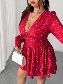 Elenzga Sexy Kleid mit tiefem V-Ausschnitt und Herz-Muster in Große Größen - Rot - Übersicht 7