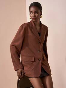 Zivah Áo khoác lông màu nâu dài tay dáng rộng, phong cách đại học, trang phục thường ngày, trang phục thường ngày, trang phục đi làm, trang phục đi chơi, trang phục đi biển, trang phục dạo phố, trang phục đi làm thanh lịch - màu nâu - Xem 1