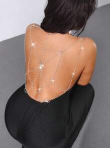 Viva Relle Vestido Preto Elegante e Sexy para Festa, Formal, Vintage, com Decote Halter, Corrente Metálica Anexada, Design de Teia de Aranha Nas Costas Abertas e Ajustado, Plus Size para Mulheres - Preto - Visão 8