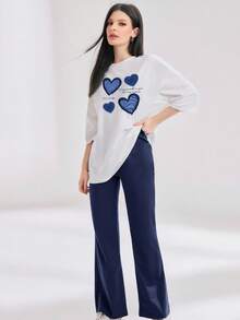 Mulvari 2件套女士休闲心形图案T恤和裤子套装 - 藏蓝色 - 查看 6