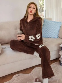 SHEIN 女士花卉刺绣抓绒连帽长袖上衣和裤子蓬松睡衣套装，冬季舒适优雅细节，秋季服装 - 棕色 - 查看 5