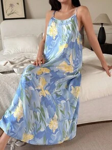 DAZY 女士印花轻薄长款吊带裙，度假风睡衣，宽松睡裙 - 淺藍色 - 查看 3