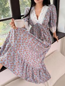 DAZY Romantic Floral Lace Patchwork V-Neck Waist Cinched Women's Nightgown, Fall Pajama, Winter - Mauve Purple - View 4