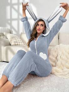 Women's Cute Contrast Color Heart Pattern 3D Big Rabbit Ear Hooded Plush Fluffy Pajamas Jumpsuit, Autumn/Winter, Fall, Cozy - Blue - View 6