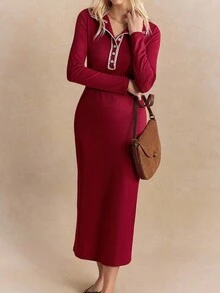 Écloséra Casual Slim Fit Autumn French Retro Lapel Long Sleeve Wine Red Dress Women Dress Ladies Autumn Matching Autumn Dress Women's Casual Dress - Burgundy - View 5