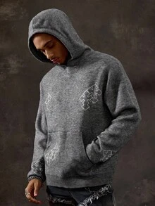 ROMWE MEN Goth Men's Casual Cross Pattern Pocket Hoodie Sweater, Autumn/Winter