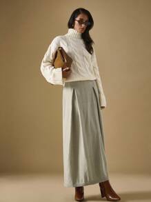 Briarwyn Fall Women's Solid Color Casual Long Knitted Midi Skirt, Fall/Winter, Back To School,Fall Old Money Style - Light Grey - View 7